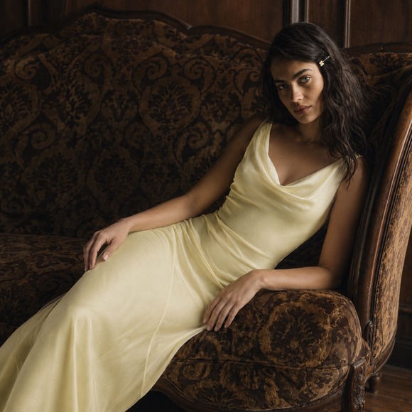Peppermayo Dresses & Skirts - Peppermayo Be Mine Satin Maxi Dress‎ 2 Canary Yellow Bias Cowl Open Back Chic